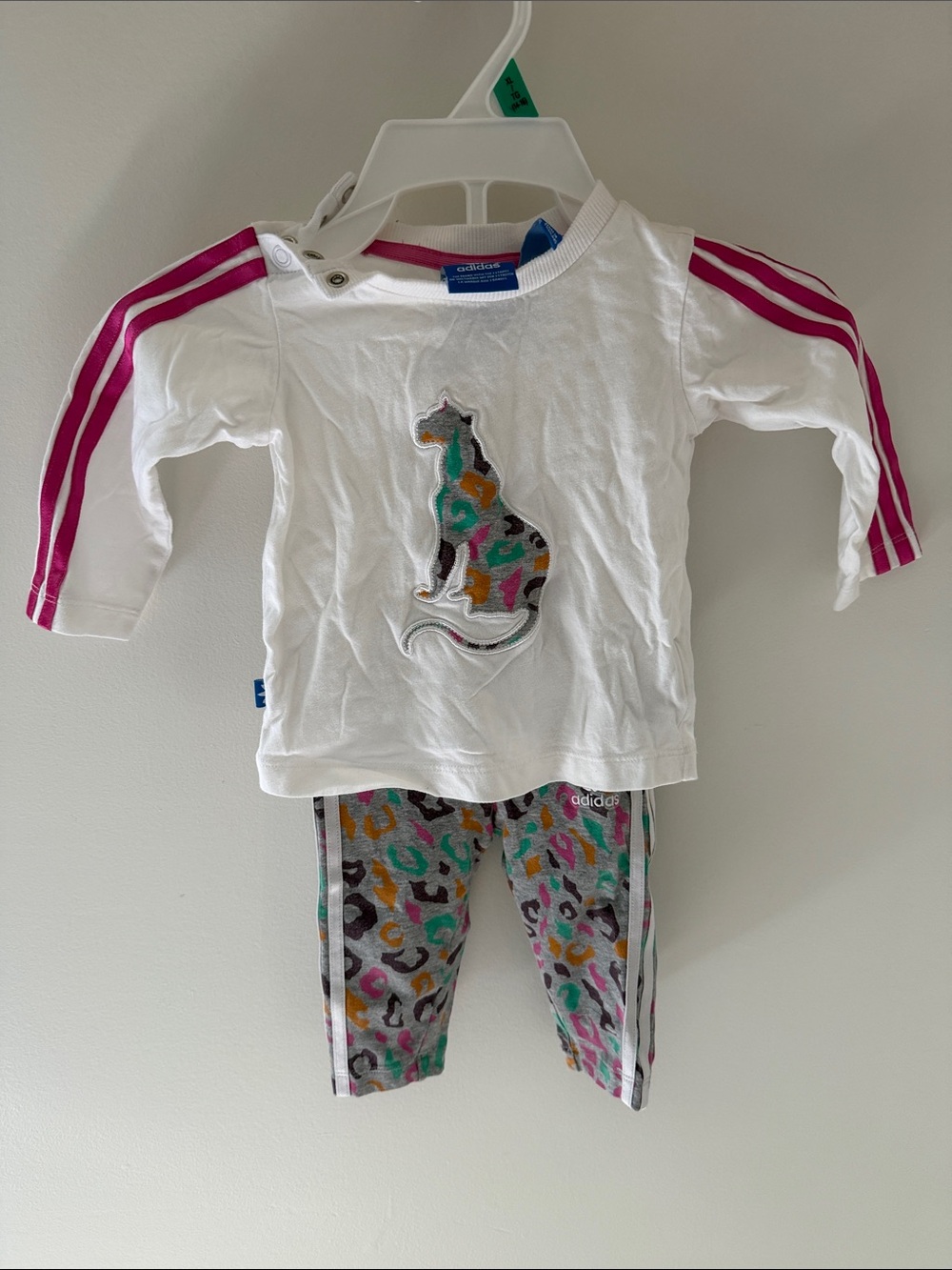 adidas White Long-Sleeve Top with Pink Shoulder Stripes & Colorful Cat Applique
